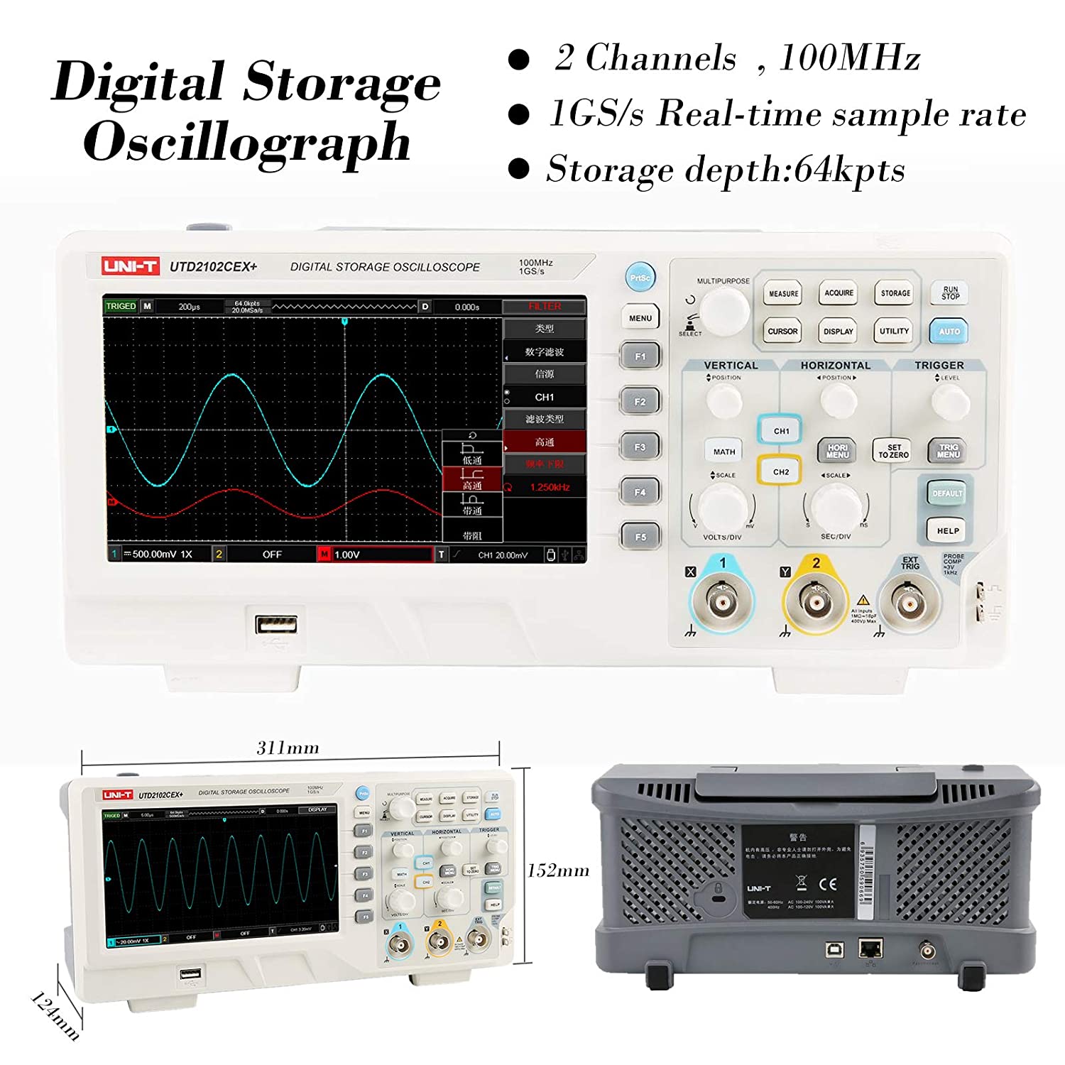 UTD2102CEX+ High Precision 100 - огляд і ціна Digital Storage Oscilloscope 100Mhz